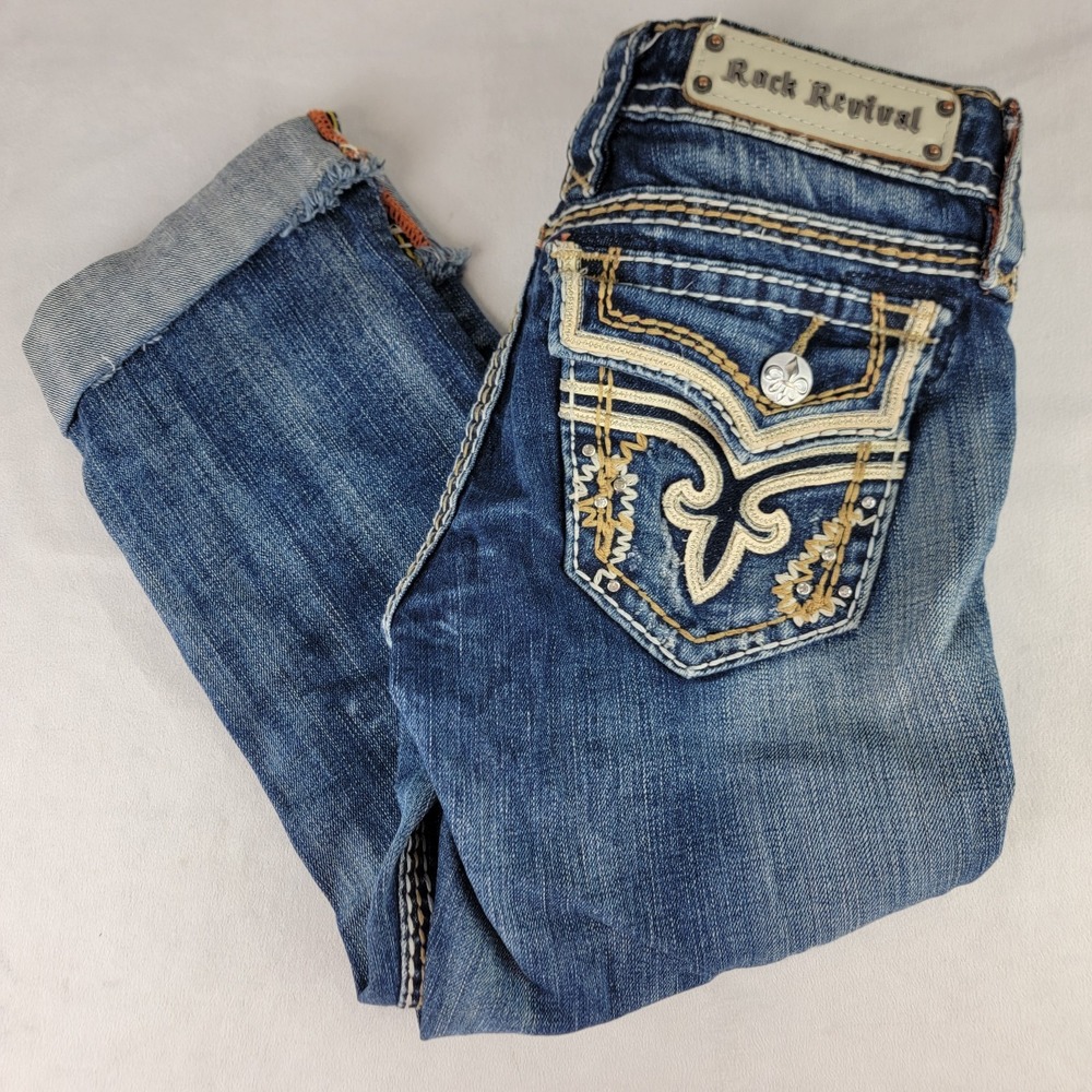 Rock Revival Jeans 26 X 20" Blue Kai Capri Rhinestones Embroidery Bling Pockets
